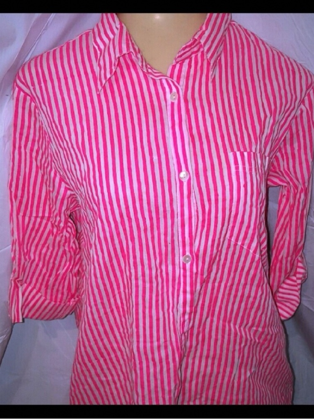 Women’s Pink and White Striped Long Sleeve Button-Up Shirt